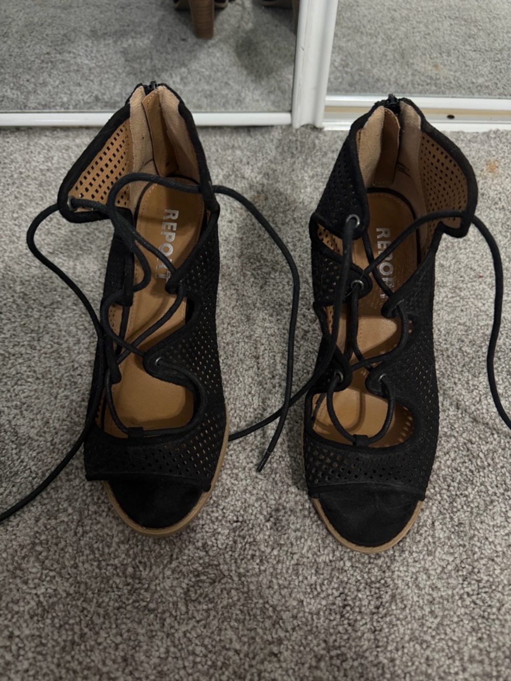 Report Black Perforated Lace-Up Peep-Toe Heels